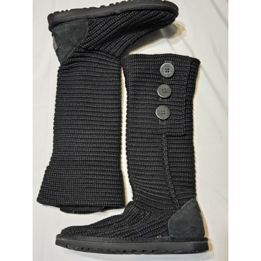 UGG Cardy Knit Button Fold Down Boots Black Women's Size 6 Comfort Cozy Sweater